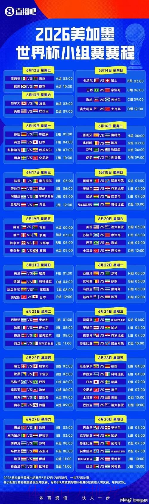 2026世界杯小组赛赛程高清版实时赛程免费观看